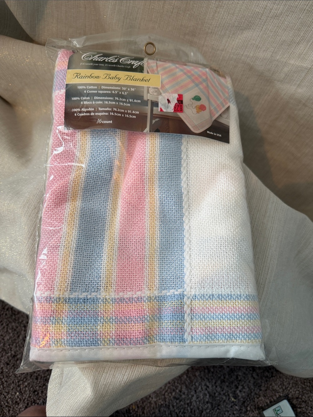 Rainbow Baby Blanket Embroidery Kit - Pastel Stripe Cotton Balloon motif Pattern